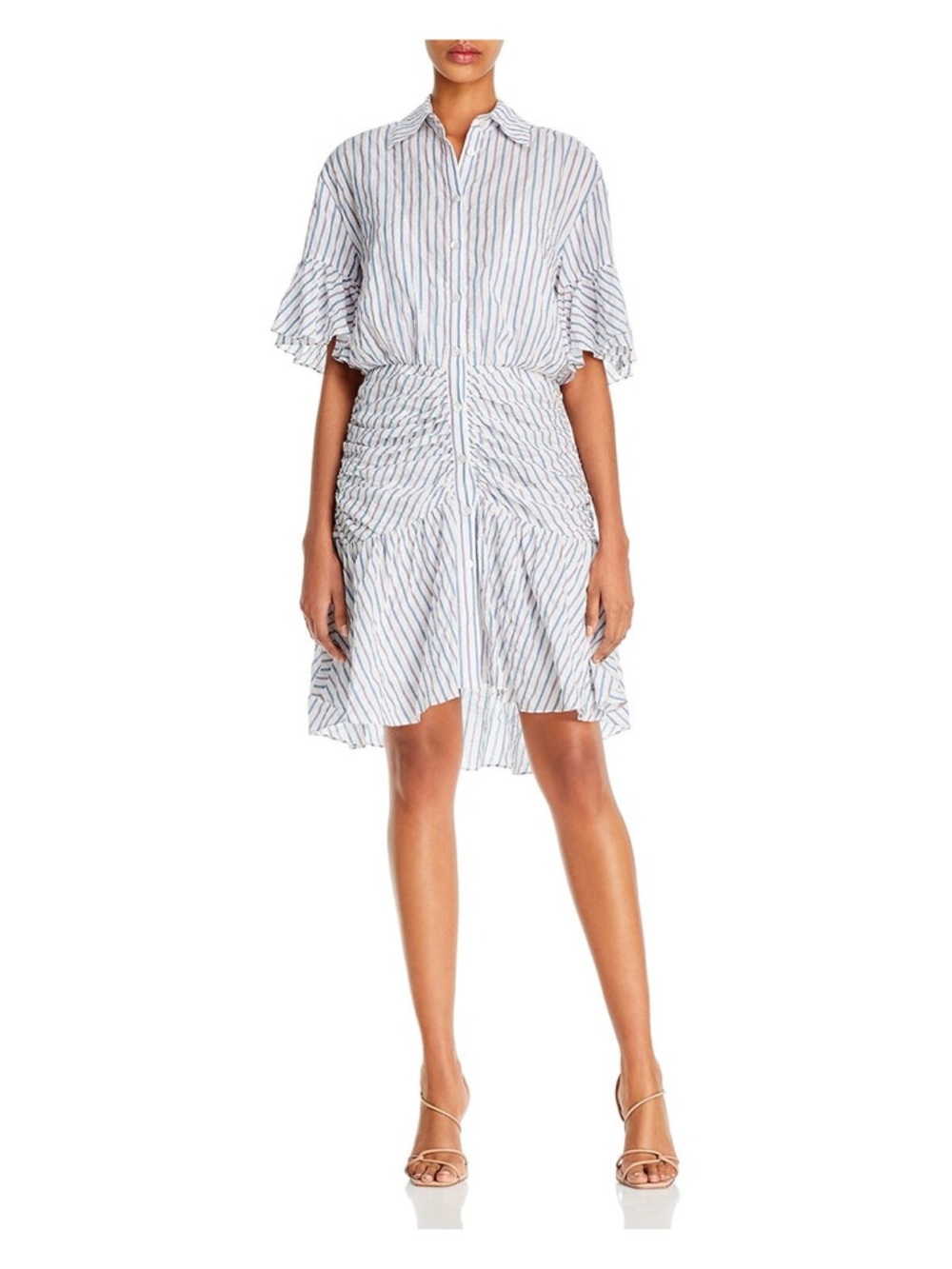 Cinq a Sept Womens Ruched Ruffled Button Front Lined Striped Hi-Lo Dress